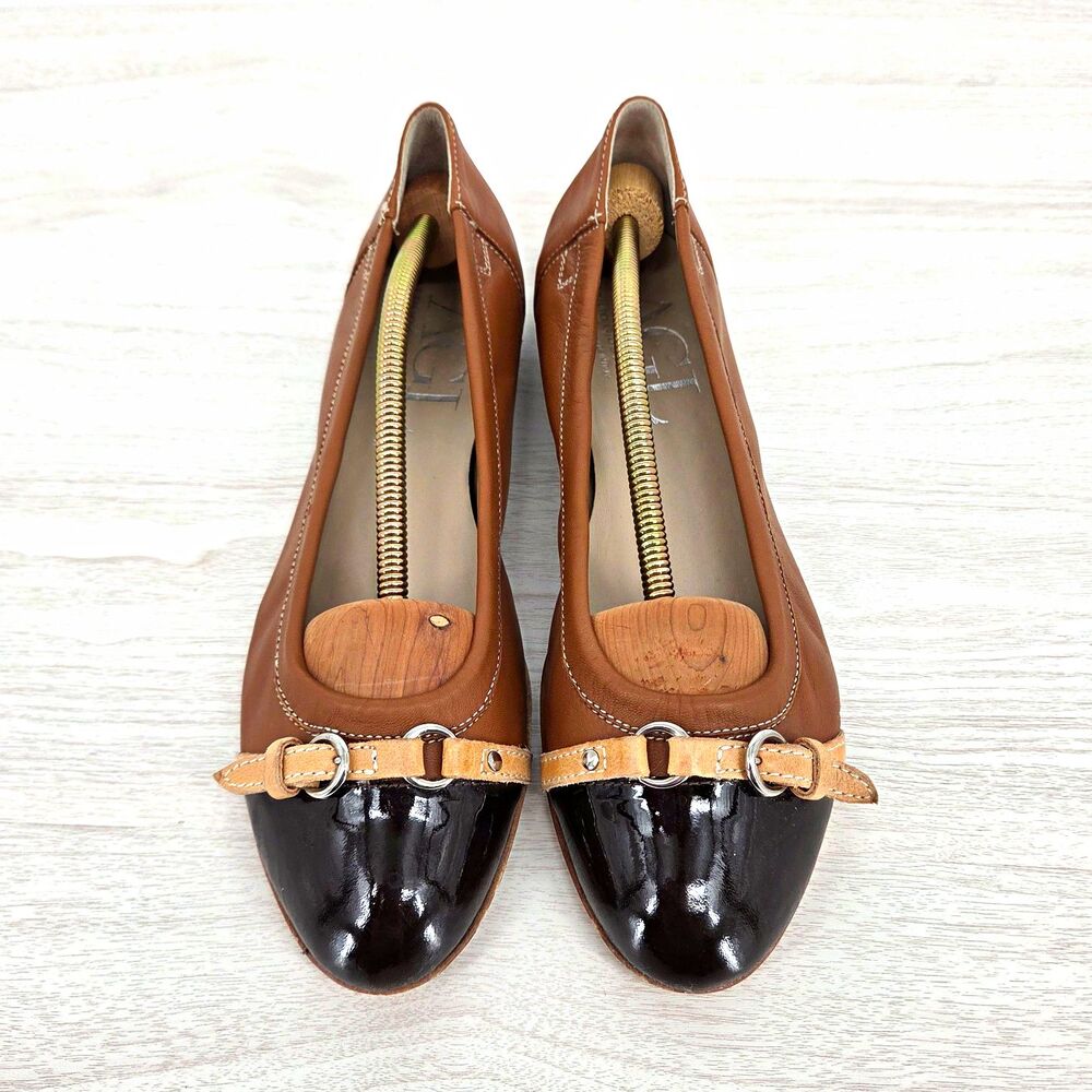 AGL Attilio Giusti Leombruni Brown Leather Patent Cap Toe Ballet Flats Size 12